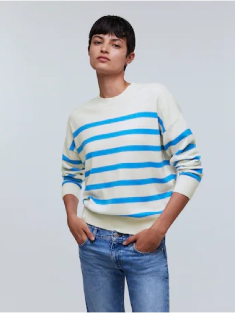 Madewell Cream Oversized Cashmere Sweater with Bright Blue Stripes